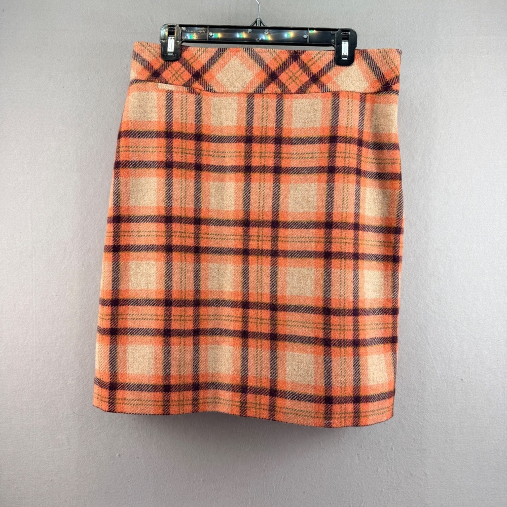LL Bean Favorite Fit Wool Plaid Pencil Skirt Orange Purple Tan Womens 12